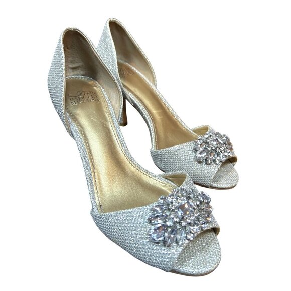 Belle Badgley Mischka Women's 6 Silver Rhinestones Peep Toe Heels Wedding Formal - Picture 2 of 13